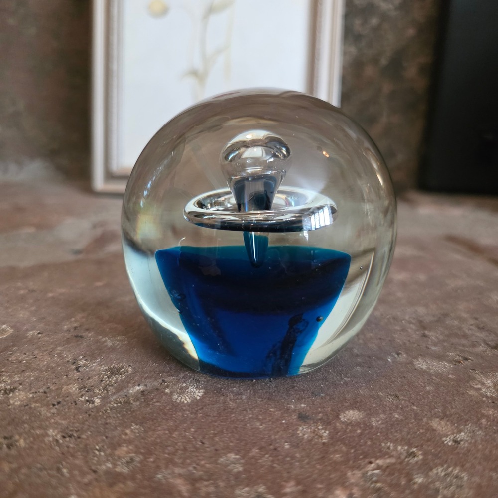 Vintage Leerdam Art Glass Paperweight Cobalt Blue Controlled Bubble Orb 3 Inch